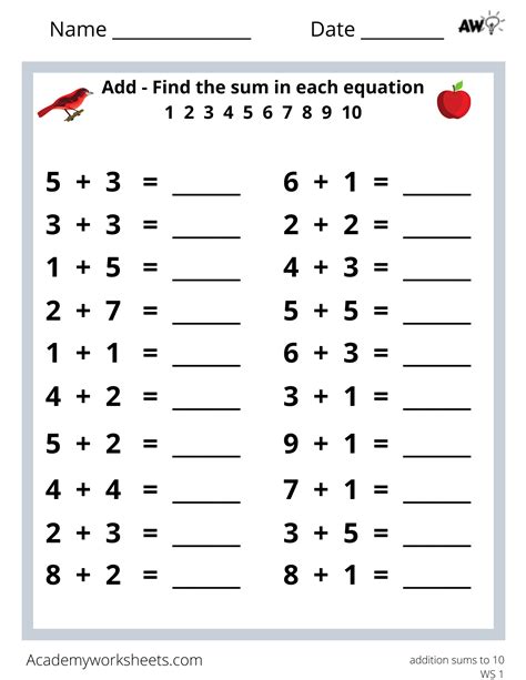 addition sums   academy worksheets