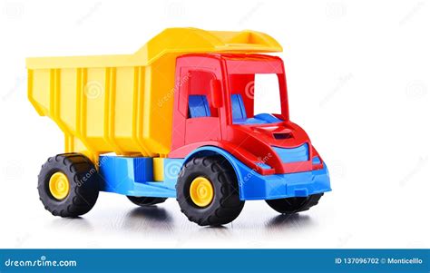 colorful plastic truck toy isolated  white stock photo image