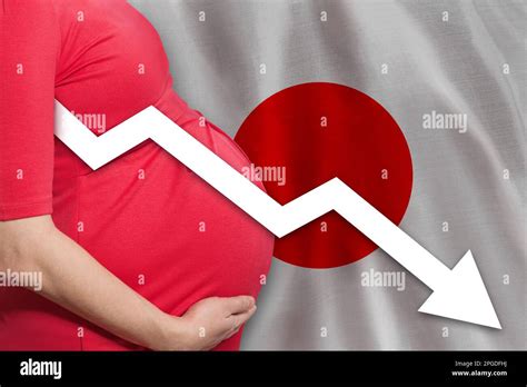 Japanese Pregnant Woman On Japanese Flag Background Falling Fertility
