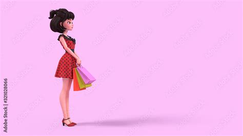 cute cartoon brunette girl in red dress with black polka dots holding