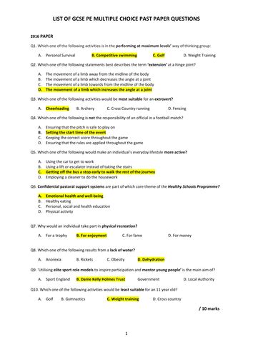 aqa gcse pe   paper multiple choice questions  answers