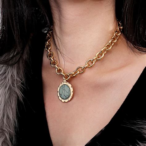 ingesightz vintage green stone pendant necklace statement gold color heavy metal long chain