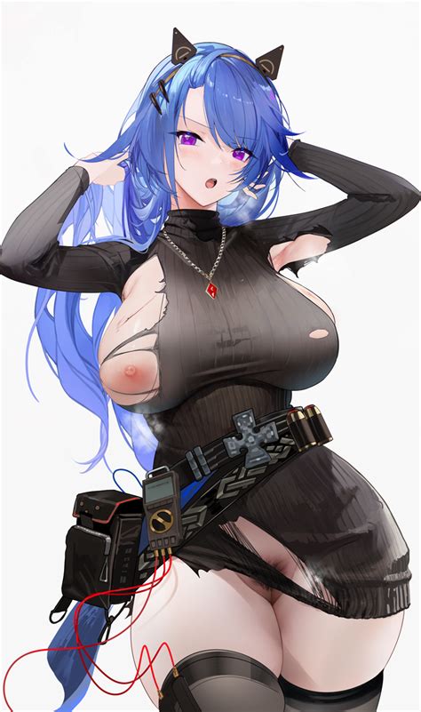 Rule 34 Ammunition Belt Black Dress Blue Hair Breasts Curvy Dress