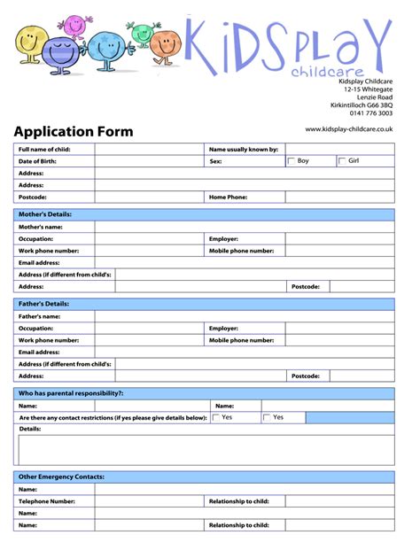 kidsplay childcare application form fill  sign printable template