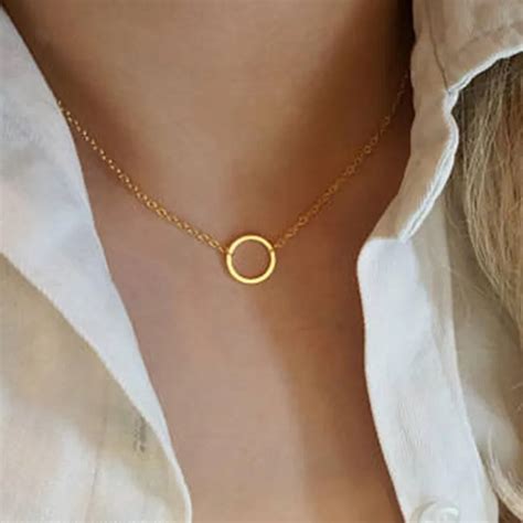 vintage minimal dainty circle necklace  women stainless steel gold chain geometric karma
