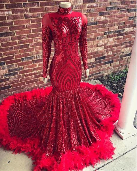 Sexy Red Mermaid Prom Dresses 2020 Sequin Feathers African Party Dress