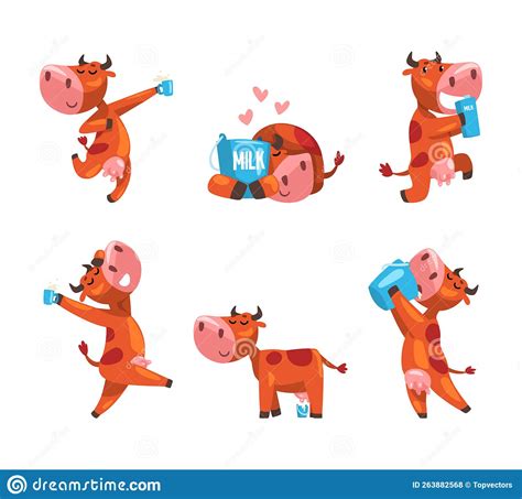 Cute Milk Cow With Udder Drinking Milk From Bucket And Mug Vector Set