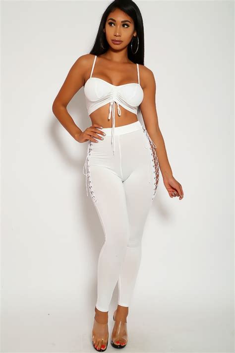 sexy white crop top leggings lace up two piece outfit