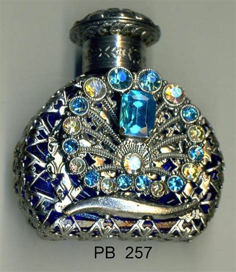 czech glass perfume bottle dark blue glass silver filigree iridescent and turquoise stones