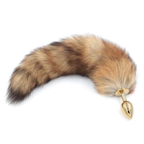 red fox tail butt anal plug 35cm long real fox tails golden metal anal