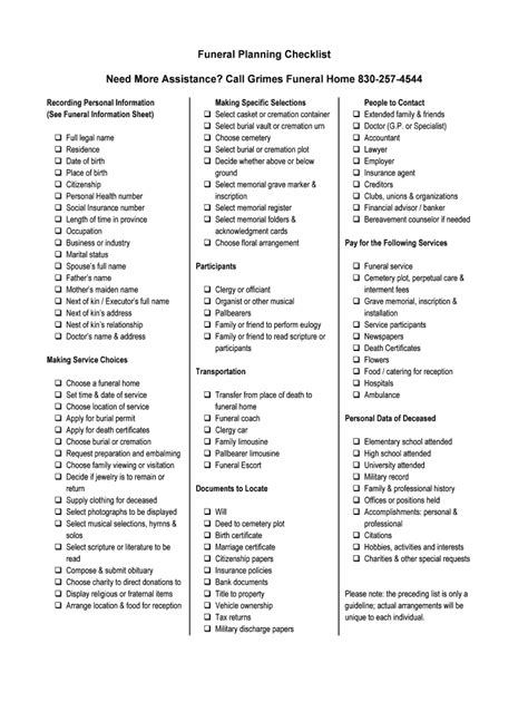 funeral checklist template fill  printable fillable blank