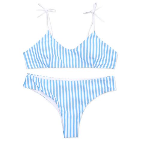blue stripe bikini split sexy cute women girls swimwear beach holiday