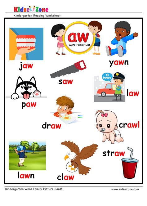 kindergarten worksheets aw word family picture card