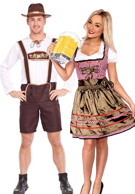 couple oktoberfest beer maid bavarian lederhosen german