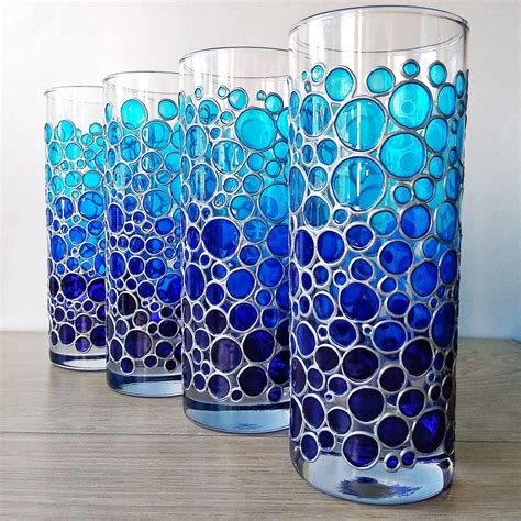 Blue Water Glass Hand Painted Drinking Glass Blue