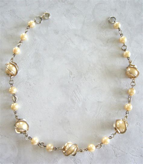 Gold Wrapped Pearl Necklace And Bracelet Vintage Jewelry Set 1950s