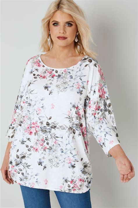 white and multi floral print top with ruched sides plus size 16 to 36