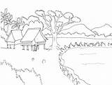 Mewarnai Pemandangan Objek Gunung Rumah Lucu Pohon Desa Langit Rumput Air sketch template