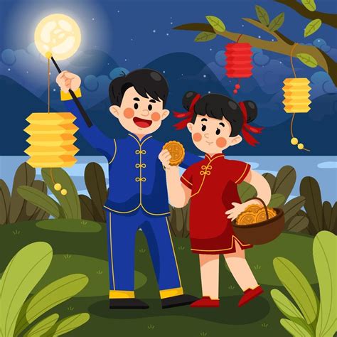 children celebrating mid autumn festival  mooncake  lanterns