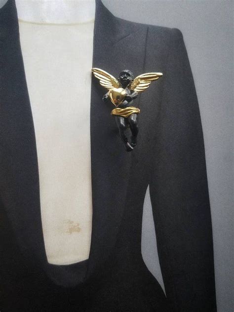 vintage black cherub angel heart lapel pin brooch pin made