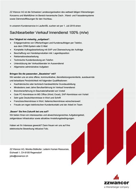 stelleninserat sachbearbeiter verkauf innendienst  mw  wienerberger ag issuu