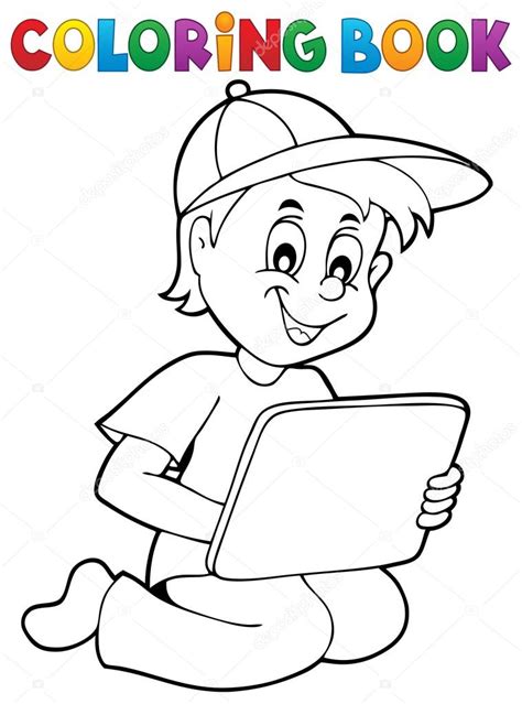 colorear niño libro jugando con la tablet — archivo