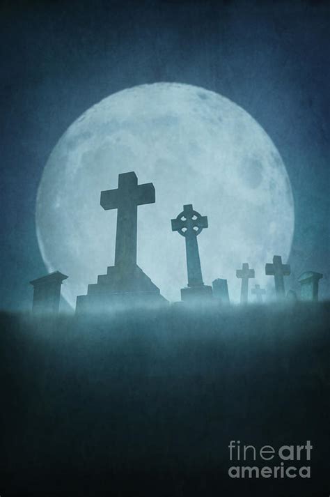 eerie graveyard at night in fog with full moon photograph by lee avison
