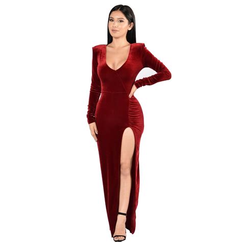 Elegant Sexy Woman Evening Party Dresses Velvet Long Sleeve Maxi