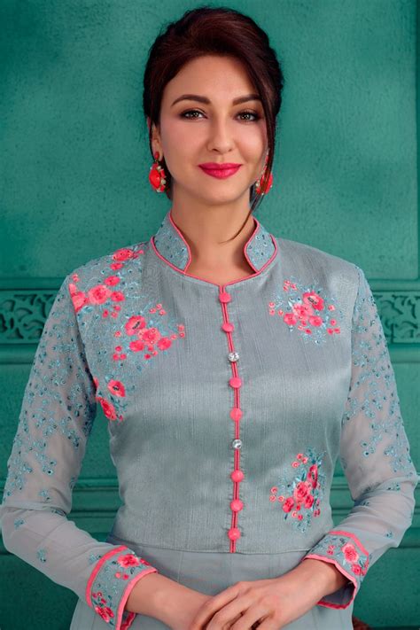 saumya tandon grey georgette festive wear embroidered anarkali dress from