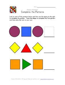 complete  patterns geometric shapes worksheet  kindergarten