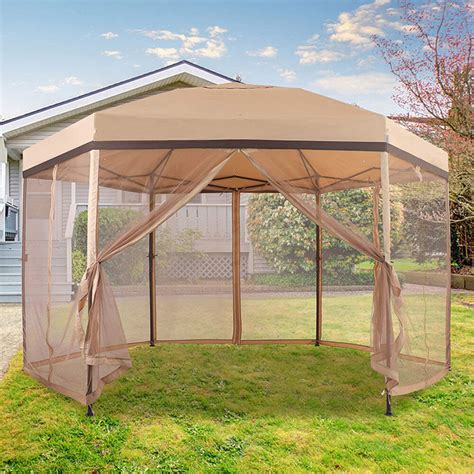 hexagon pop  gazebo canopy    tent  mesh sidewalls tan camping world