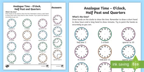 analogue time o clock half past and quarters worksheet