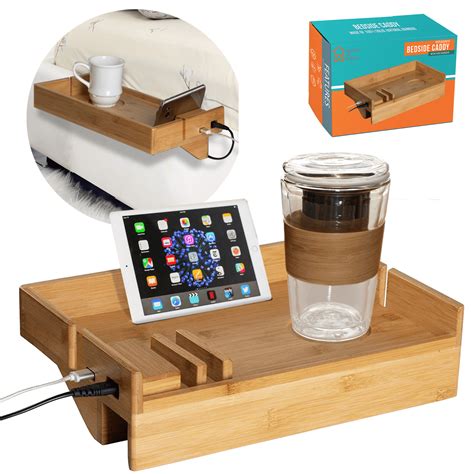 bamboo bedside bed shelf  usb ports  charge devices powder