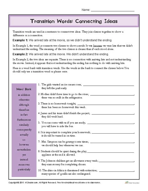 transition words worksheet connecting ideas