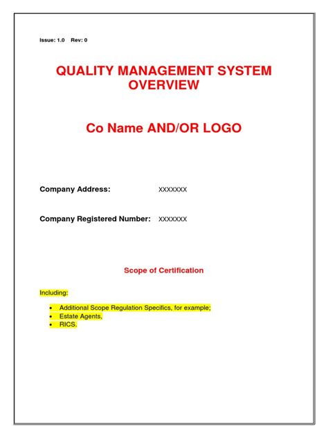 iso  quality manual template  printable templates