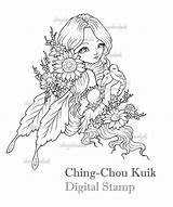 Fairy Fantasy Stamp Digital Visit Bird Flower Faery Ching Instant Spring Girl sketch template