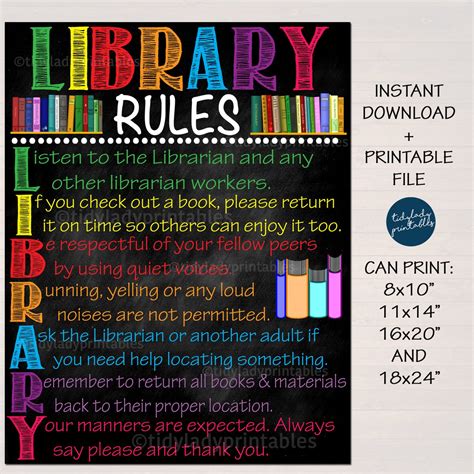 School Library Rules Classroom Poster Tidylady Printables