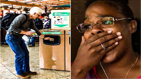 lady sees crying man throw package in airport trash what she digs out