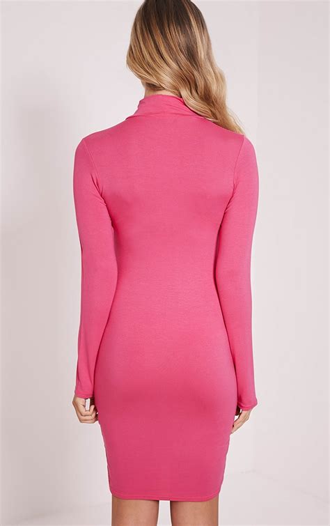 basic hot pink long sleeve bodycon dress prettylittlething usa