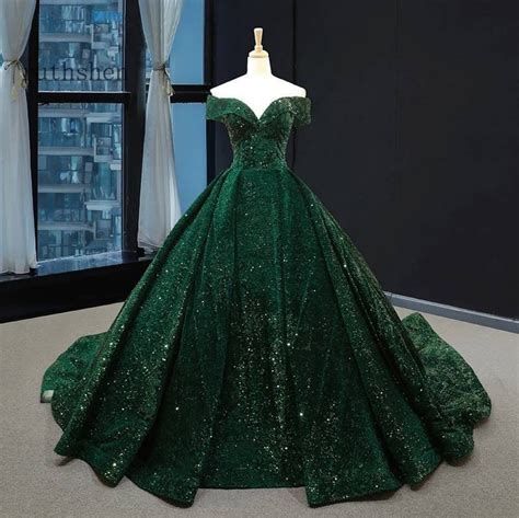 gorgeous sequin long evening dress  emerald green shoulder formal