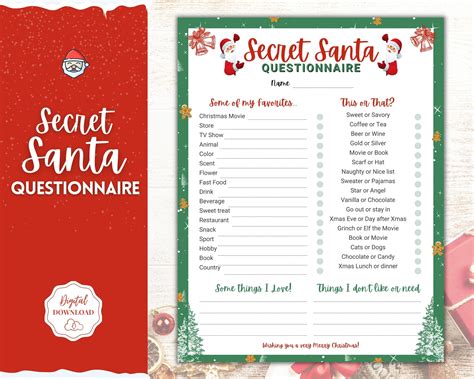 printable secret santa questionnaire holiday gift exchange etsy