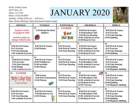 Activity Calendar January 2020 Toledo Center