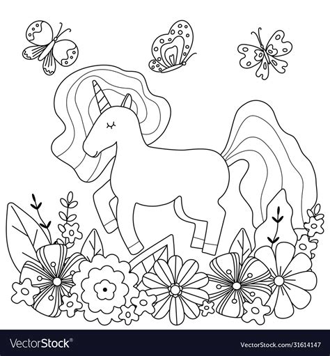 kids coloring page  cute unicorn  flowers vector image