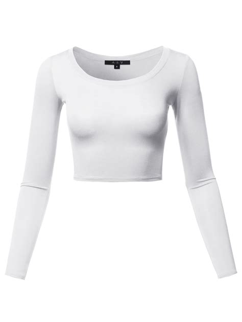 A2y Womens Basic Solid Stretchable Scoop Neck Long Sleeve Crop Top