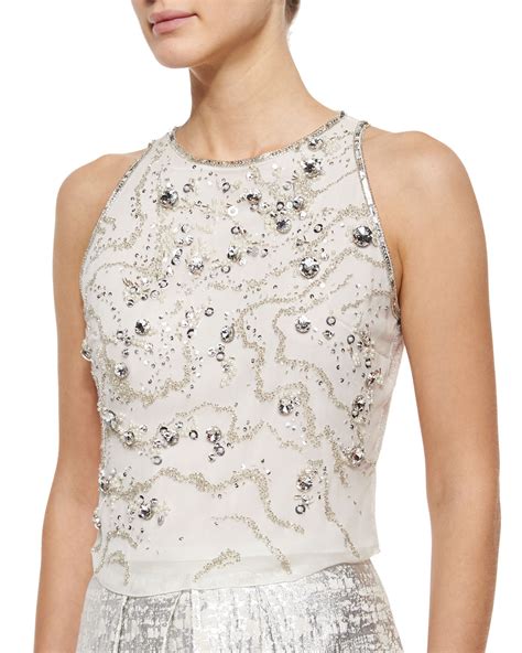 Phoebe Sleeveless Beaded Crop Top In White White Silver Lyst
