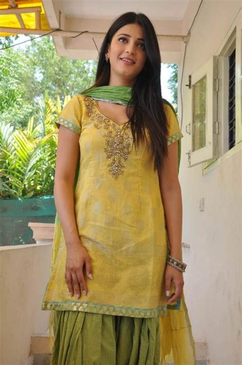 cute actress shruti hassan in yellow shirt and green patiala salwar
