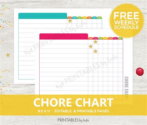 printable kids chore chart  weekly schedule   cardsbybubi