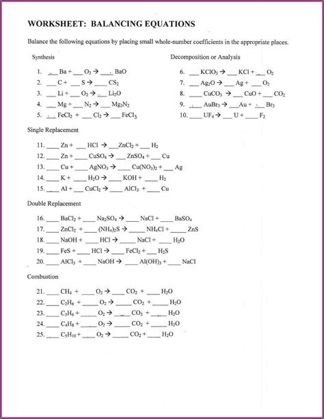 balancing chemical equations worksheet  answer key explore worksheet