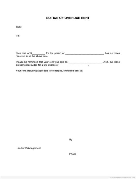 notice  overdue rent form printable real estate forms letter
