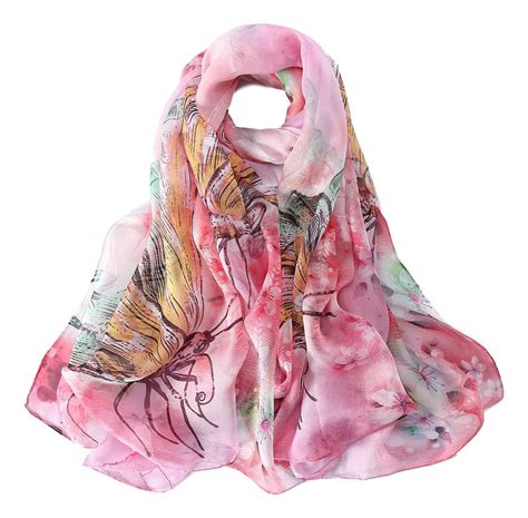 extra wide high quality silk chiffon scarf pink butterfly